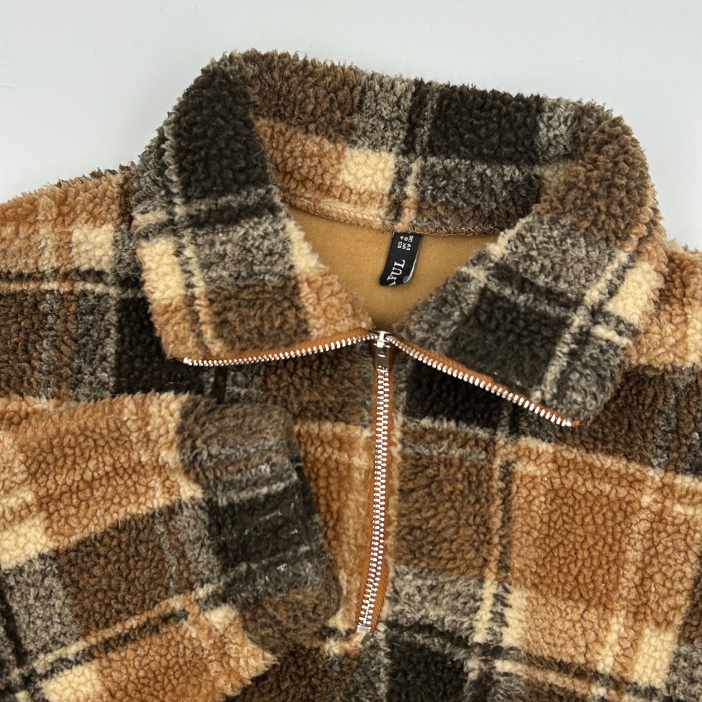 Zaful Plaid Sherpa Teddy Bear Fleece Quarter Zip Up Jacket Brown Tan Cream SZ 4‎